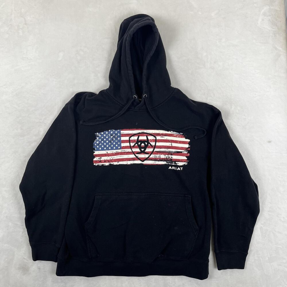 Ariat Hoodie Mens XL Black Fleece Pullover Sweatshirt USA Flag Logo Graphic